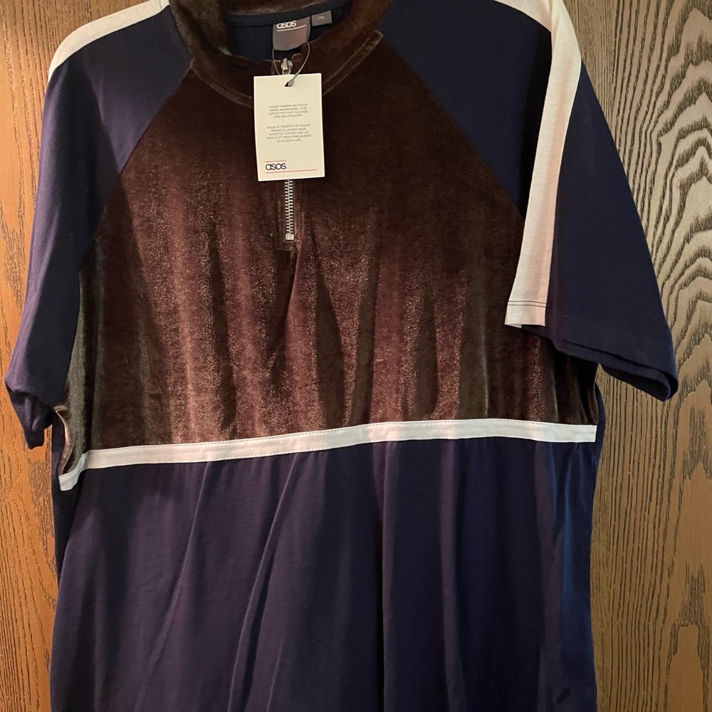 Brown and Navy Velour Zip-Up Top